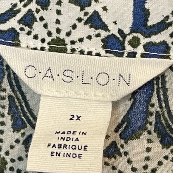 Caslon PUFF SLEEVE FR BUTTON ORGANIC COTTON TOP IVORY- BLUE KARA BLOCK PRINT 2X - Picture 4 of 5